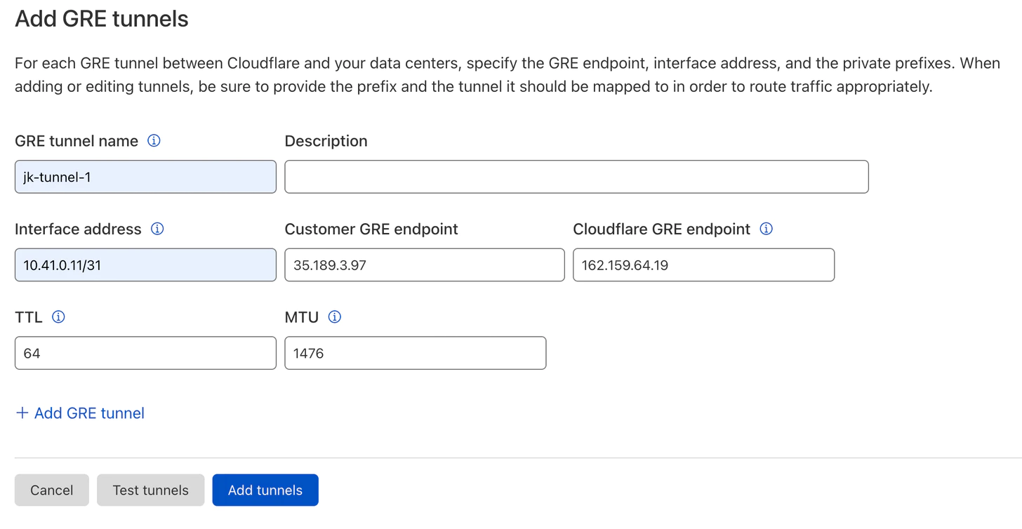 Add GRE tunnel in Cloudflare